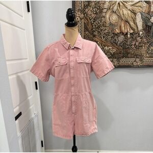 Tea n Rose Romper Women's Large Pink Short Sleeve Utility Romper Cotton.
